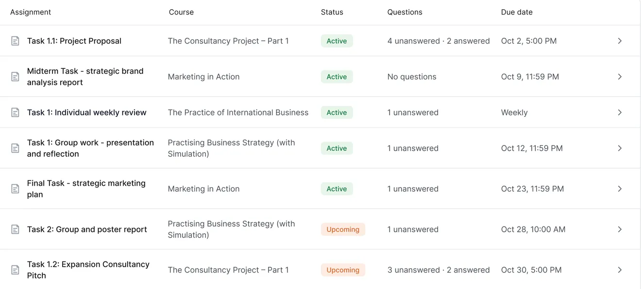 A student's assignment list in Bridge: each assignment with its course, status, open questions and due date.