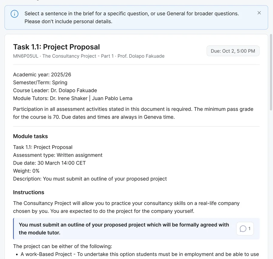 The brief for Task 1.1: Project Proposal open in Bridge, with a prompt to select a sentence and ask about it.