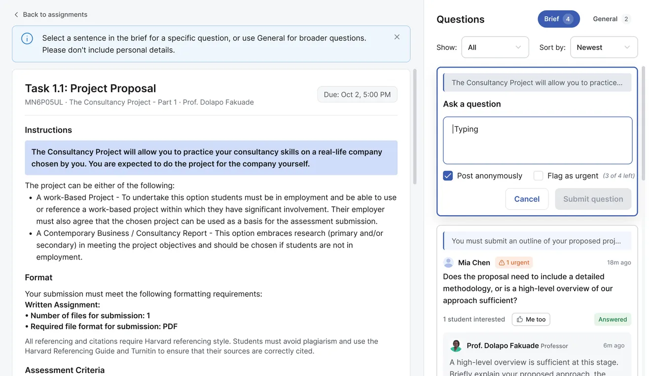 A sentence in the brief highlighted, with the Ask a question panel open beside it and options to post anonymously or flag the question as urgent.