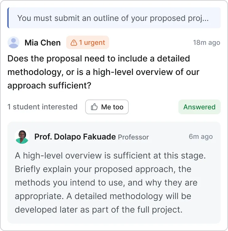 A student's question about that requirement, answered by Prof. Dolapo Fakuade directly beneath it.
