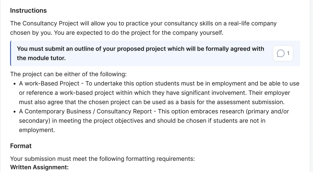 The brief's instructions, with one highlighted requirement marked as having a question.
